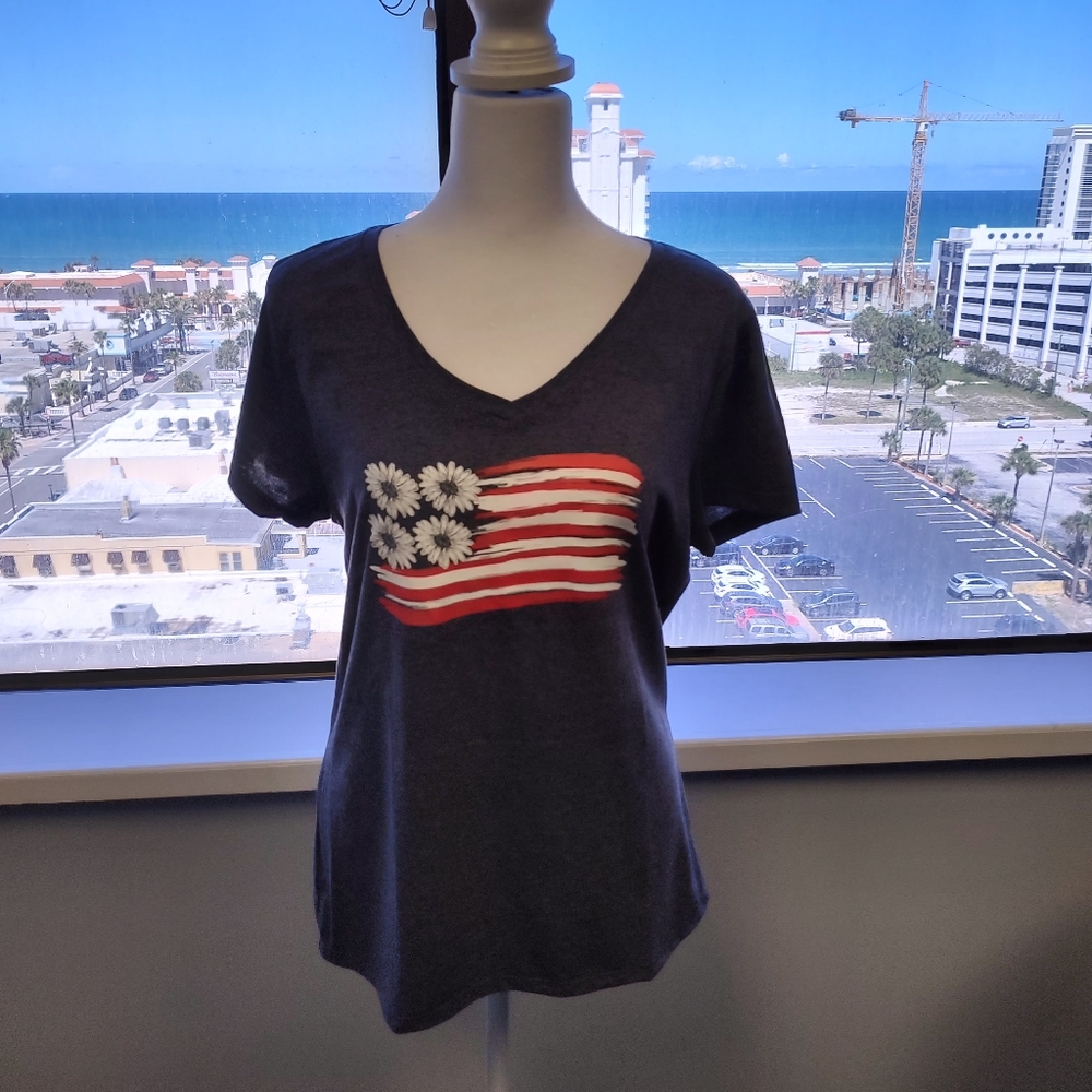 Hanes V Neck T-Shirt with Daisy Flag - Navy Heather (See Description on …